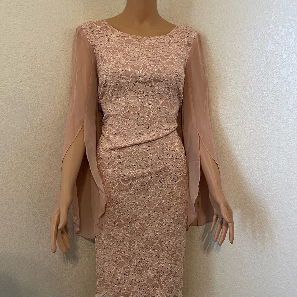 Elegant Blush Lace Midi Dress with Sheer Cape Sleeves
